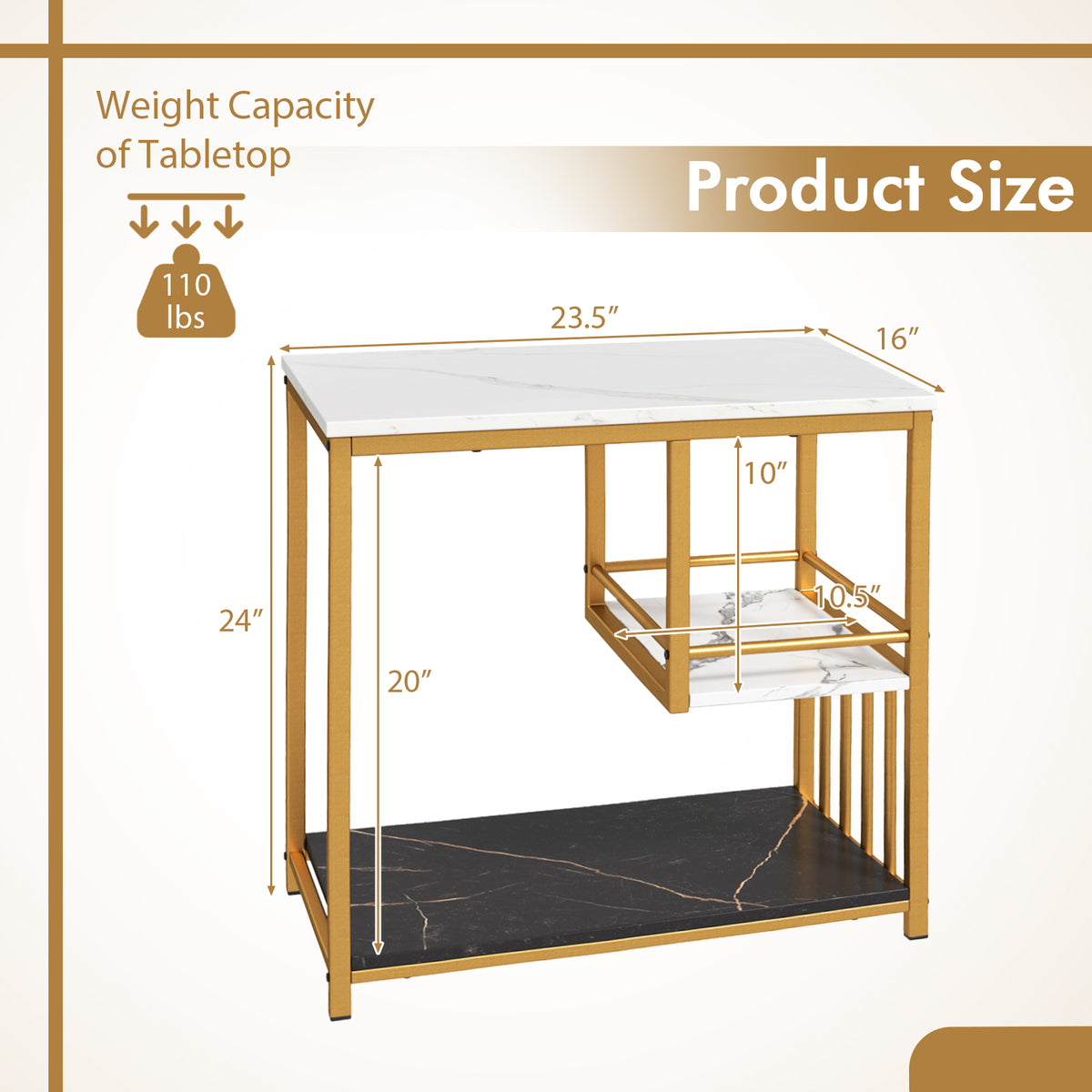 3-Tier Side Table with Storage, Golden