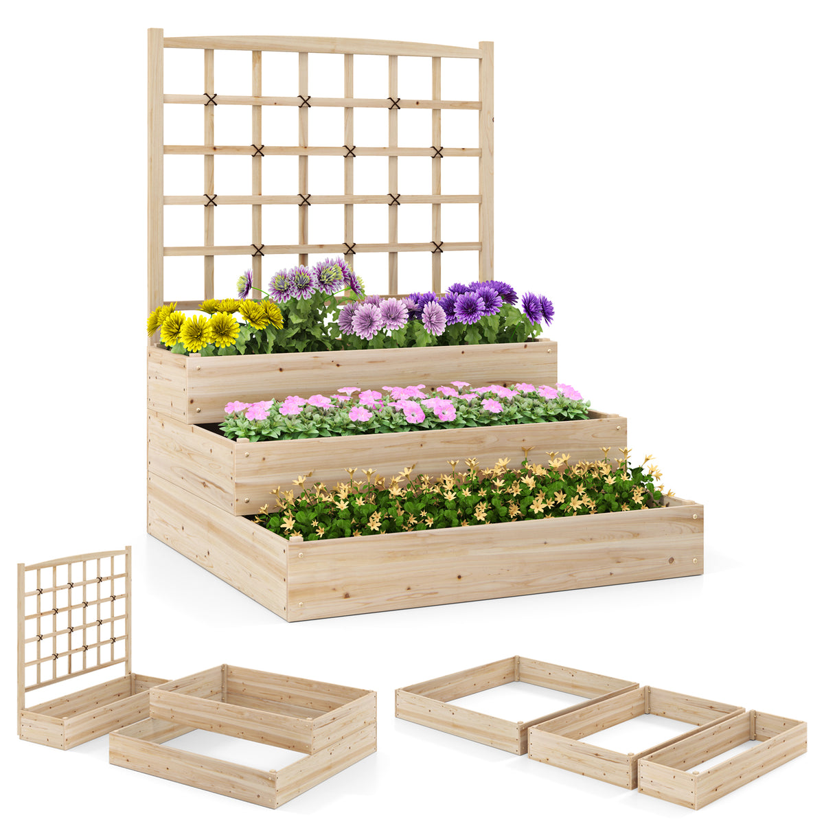 Raised Garden Bed with Trellis - 2-Tier, Rustic Brown