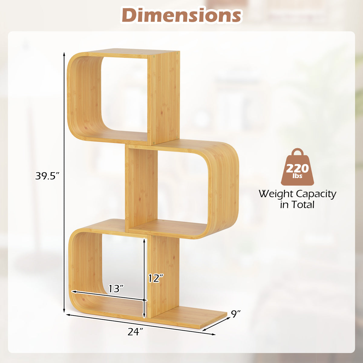 3-Tier S-Shaped Bamboo Bookcase with Cubes - Natural