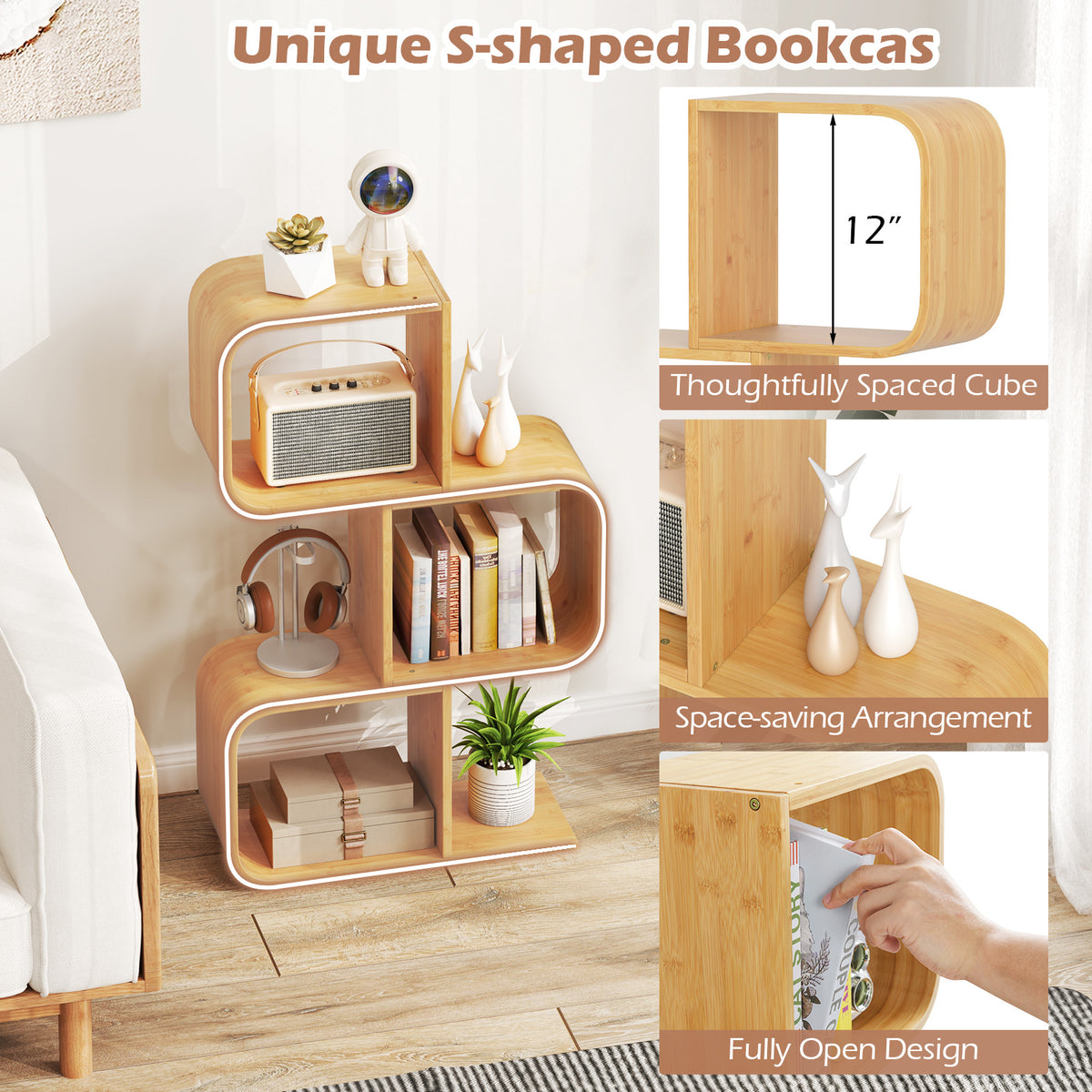 3-Tier S-Shaped Bamboo Bookcase with Cubes - Natural
