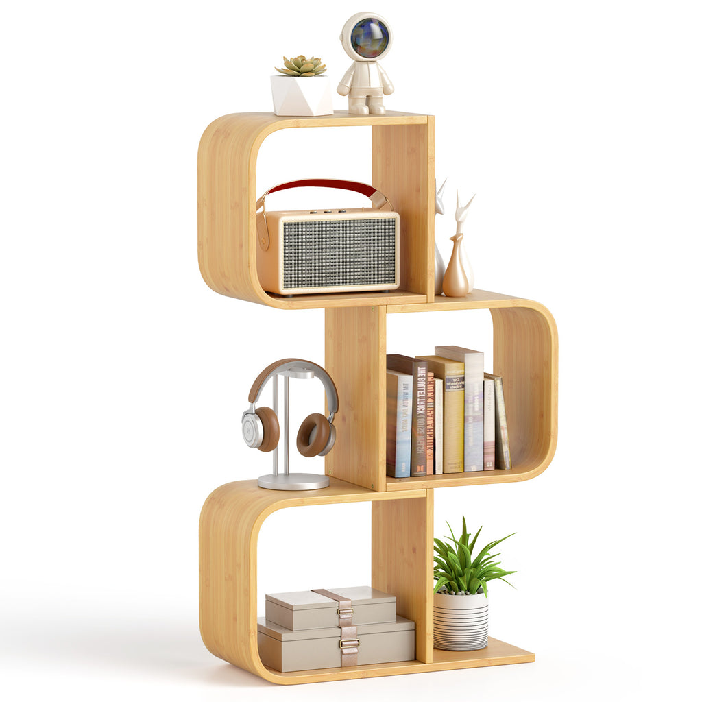 3-Tier S-Shaped Bamboo Bookcase with Cubes - Natural