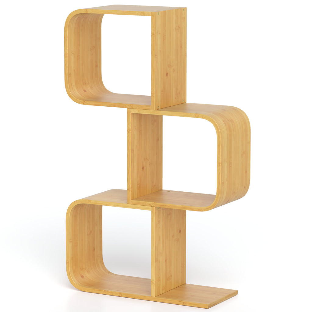 3-Tier S-Shaped Bamboo Bookcase with Cubes - Natural