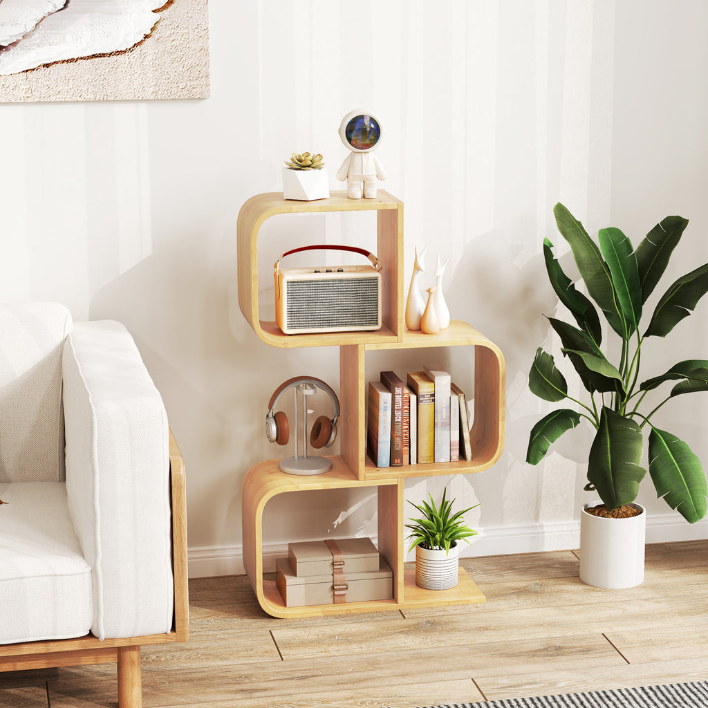 3-Tier S-Shaped Bamboo Bookcase with Cubes - Natural