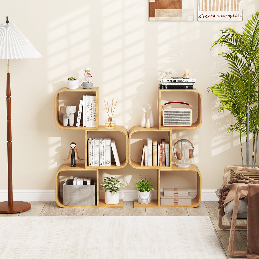 3-Tier S-Shaped Bamboo Bookcase with Cubes - Natural