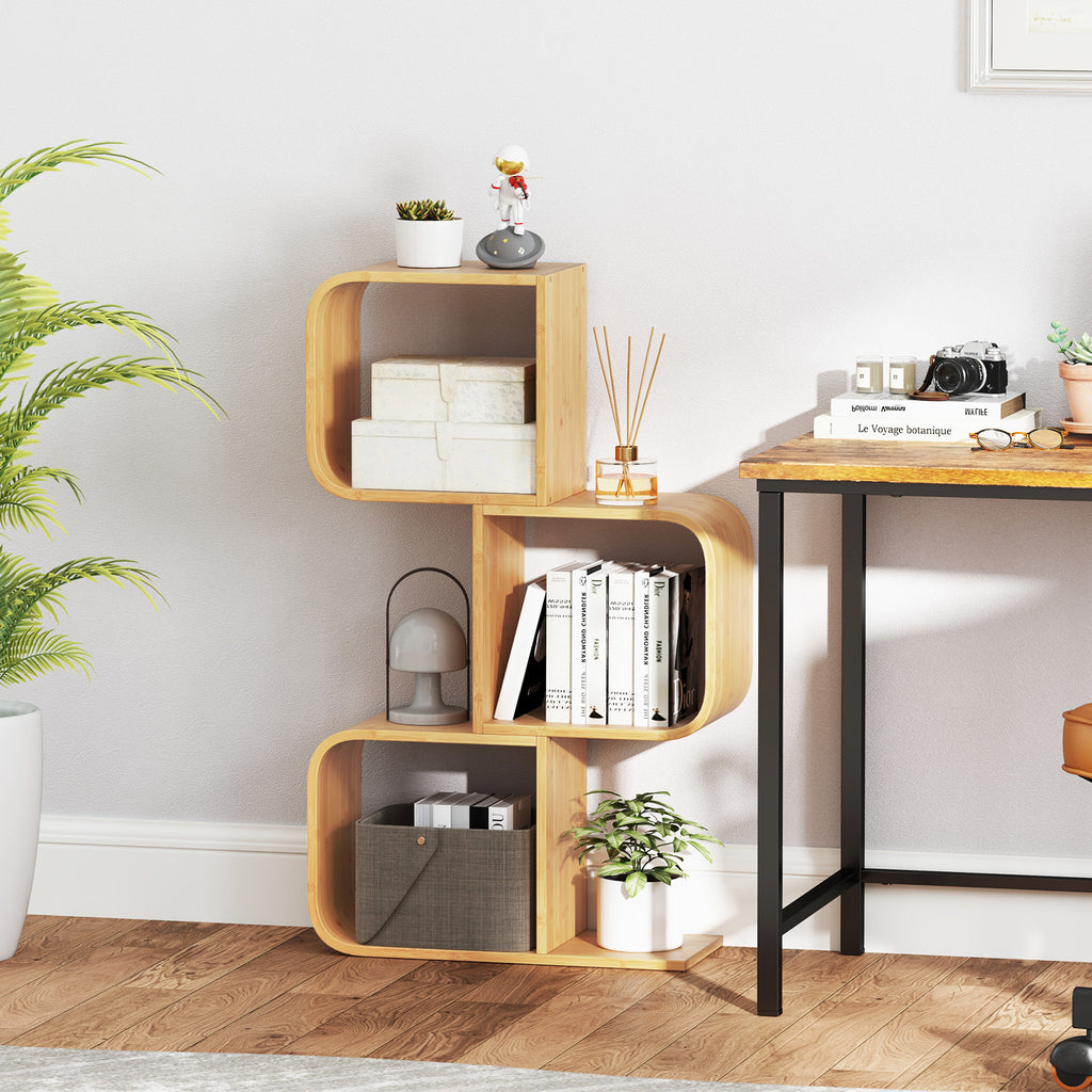 3-Tier S-Shaped Bamboo Bookcase with Cubes - Natural