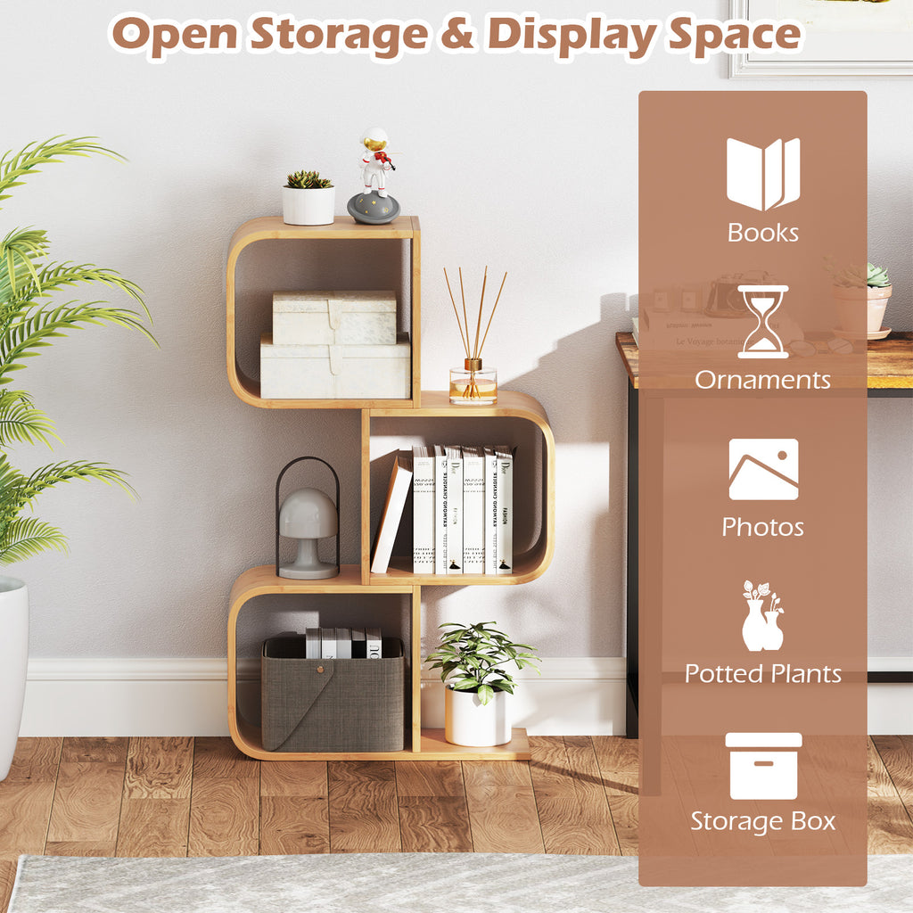 3-Tier S-Shaped Bamboo Bookcase with Cubes - Natural