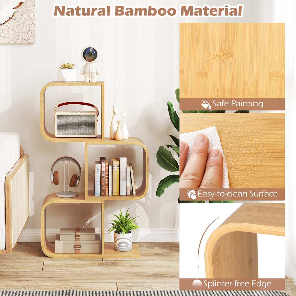 3-Tier S-Shaped Bamboo Bookcase with Cubes - Natural