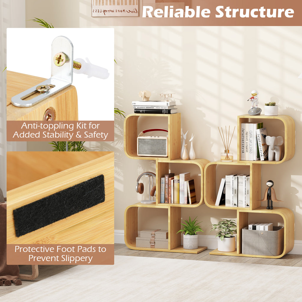 3-Tier S-Shaped Bamboo Bookcase with Cubes - Natural