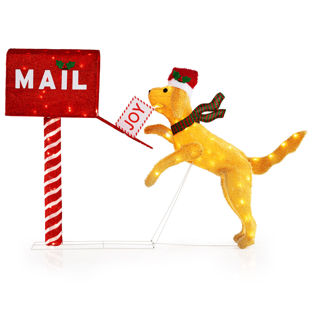 3.5 Ft Christmas Mailbox with Dog & 120 Warm White LED Lights - Indoor Outdoor Decor