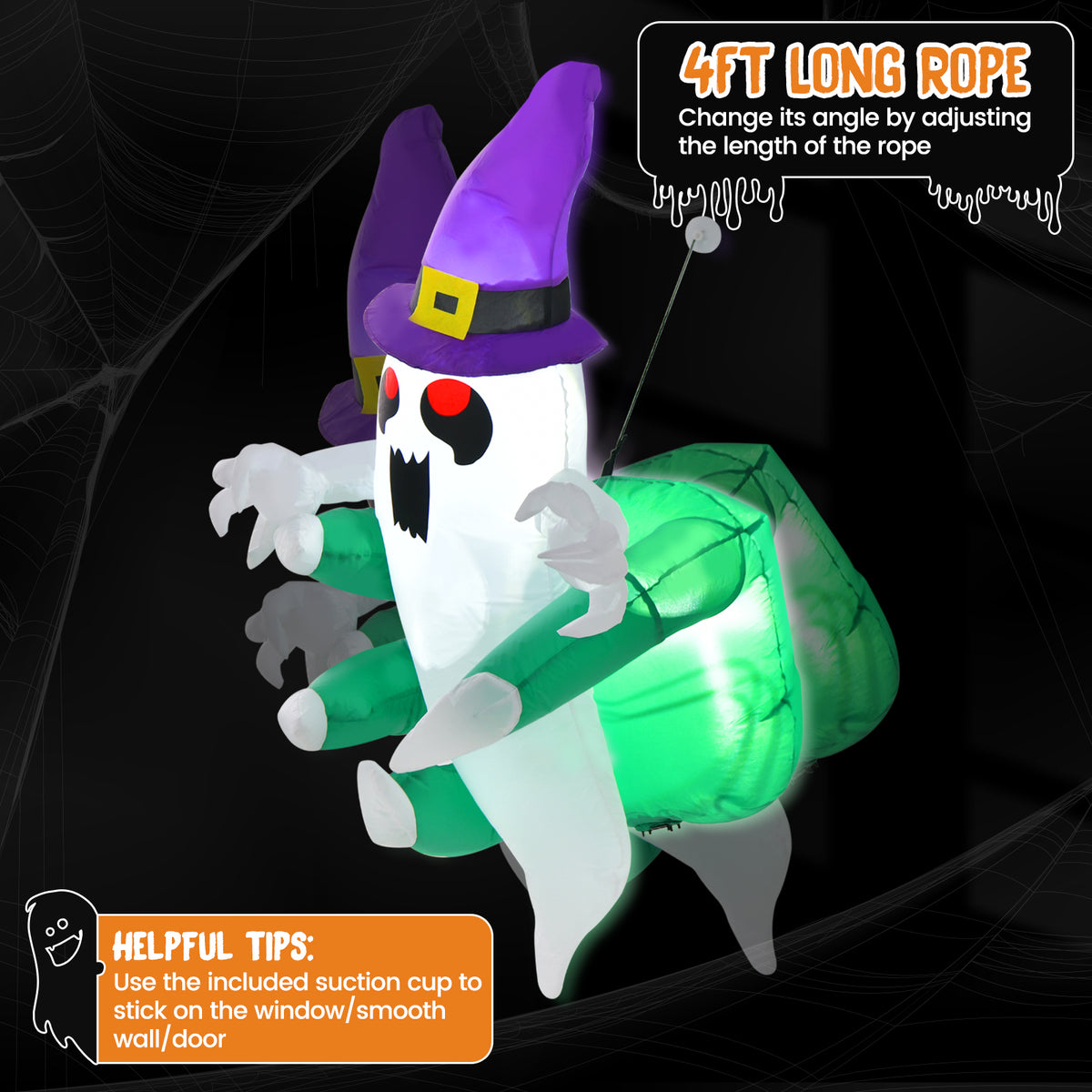 3.6 Ft Inflatable Ghost for Halloween Window Decoration - Broke Out from Window, Outdoor Indoor Decor, with LED Lights & Rope - Variation: 3.6 Feet Ghost