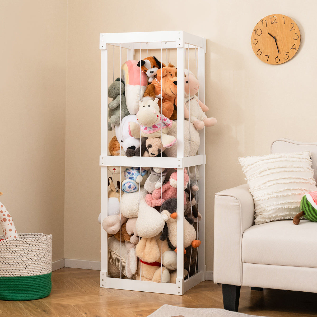 Large 300L Stuffed Animal Storage Bin - White with Open Top & Elastic Cords - Kid's Room Organizer