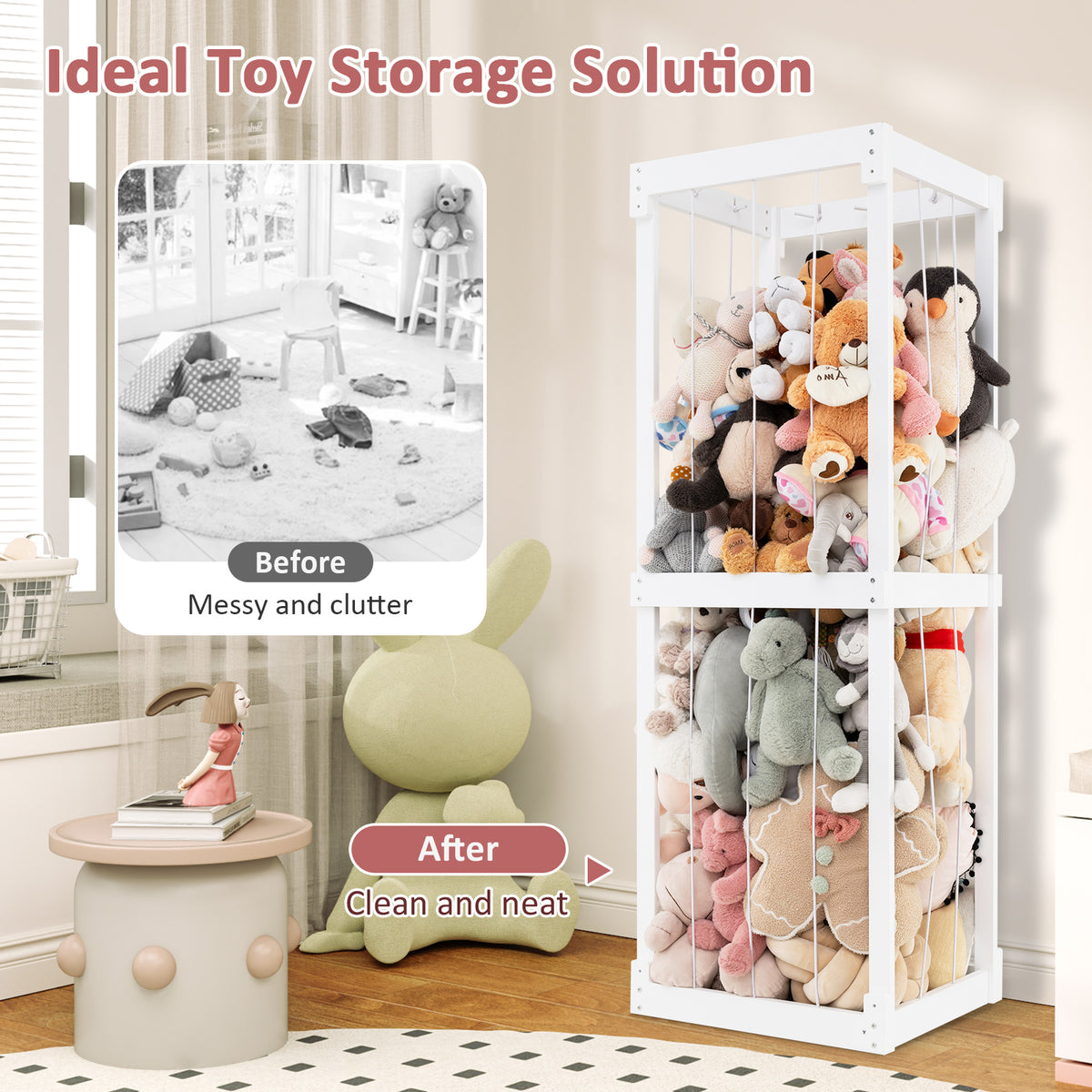 Large 300L Stuffed Animal Storage Bin - White with Open Top & Elastic Cords - Kid's Room Organizer