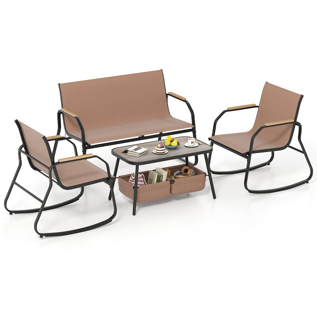 4-Piece Patio Rocking Chair Set with Coffee Table - Coffee