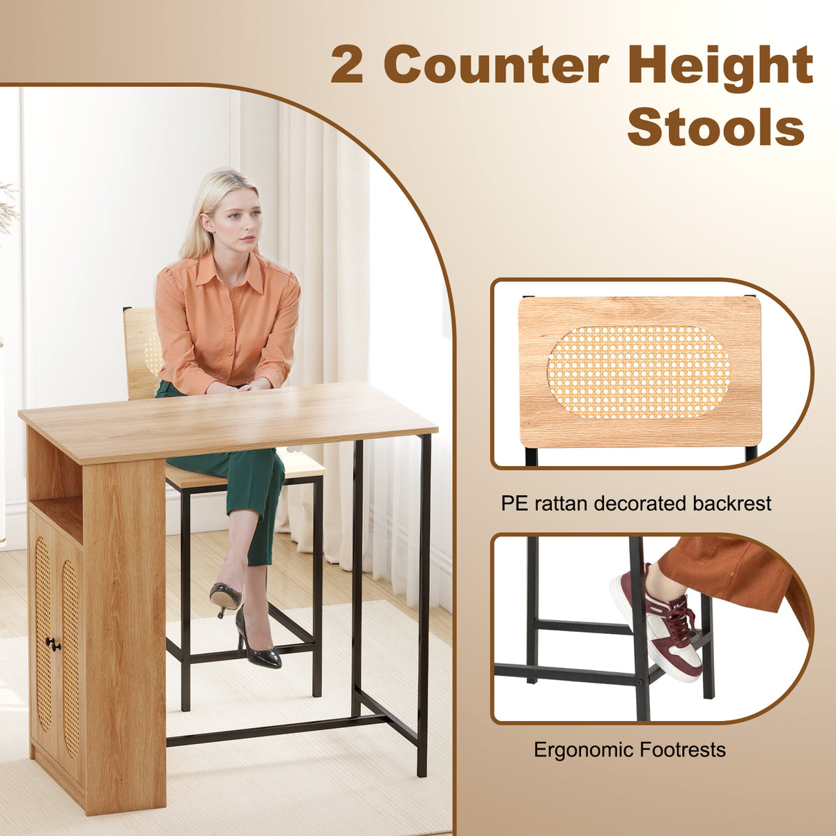 3-Piece Bar Table and Chairs Set with Storage - Natural