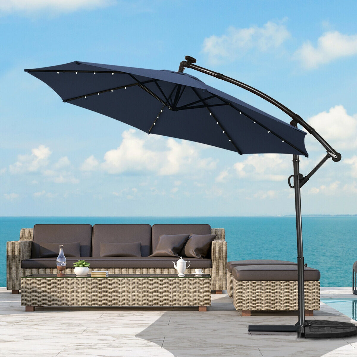10 x 8 Feet Solar Patio Umbrella with 32 LED Lights, 360° Rotation, Navy