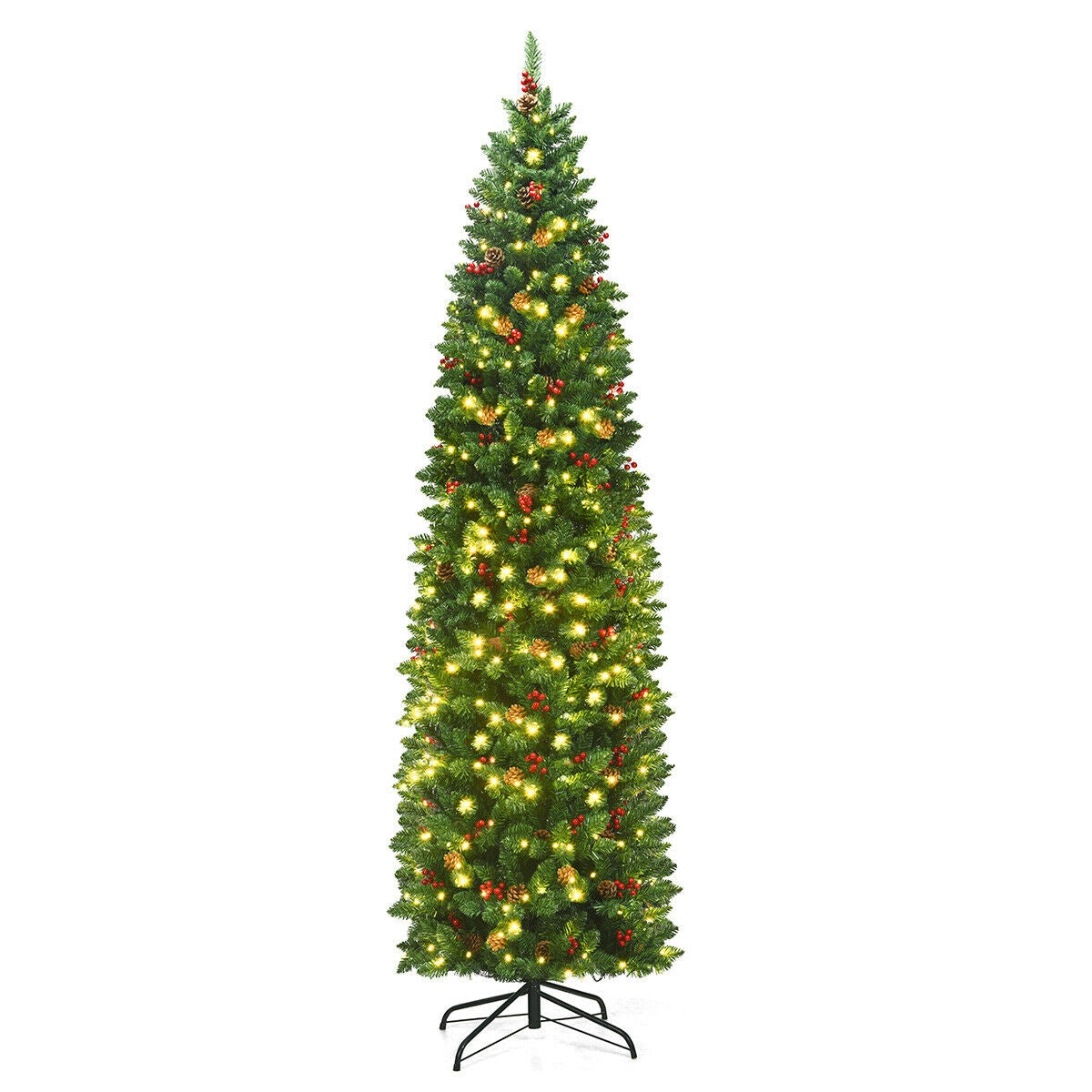 7.5 Ft Pre-Lit Slim Christmas Tree with Pine Cones & Red Berries