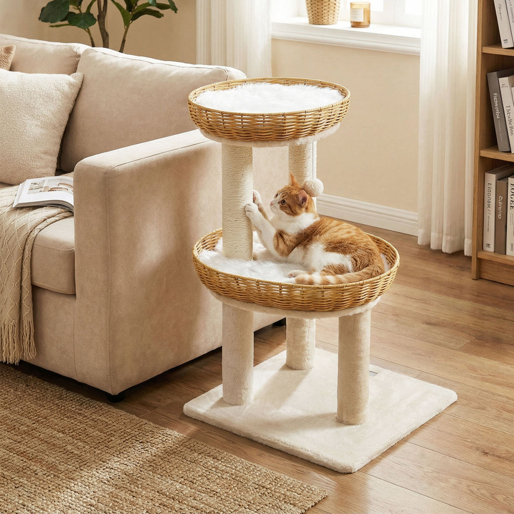30-Inch Cat Tower with Rattan Baskets for Indoor Cats - Beige Variation