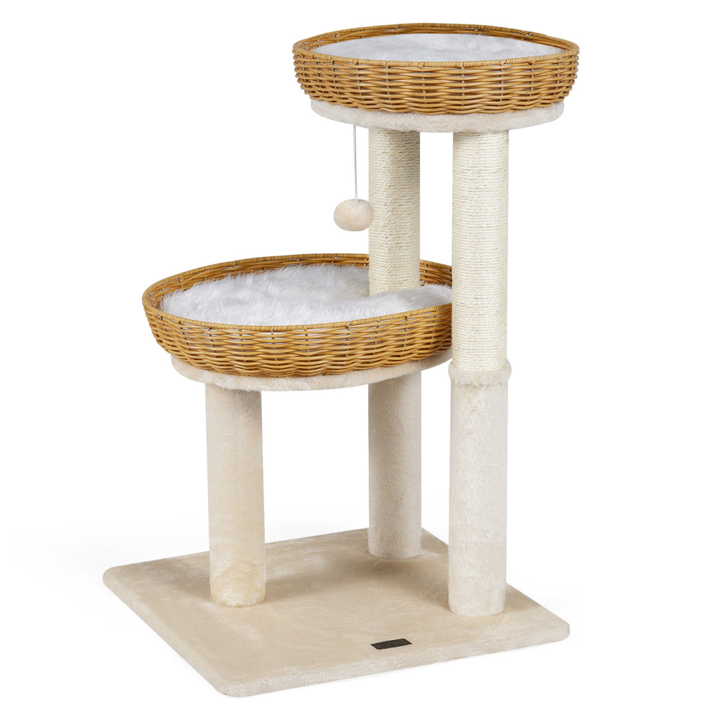 30-Inch Cat Tower with Rattan Baskets for Indoor Cats - Beige Variation