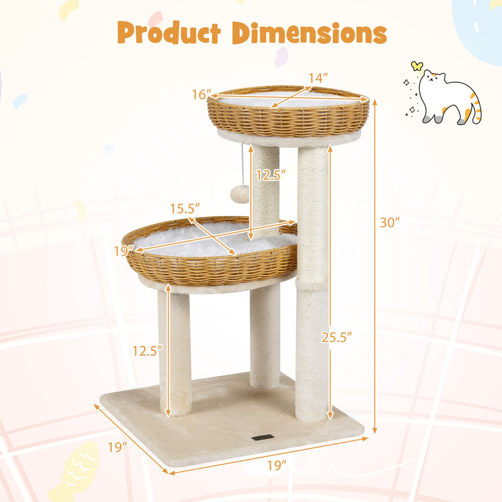 30-Inch Cat Tower with Rattan Baskets for Indoor Cats - Beige Variation