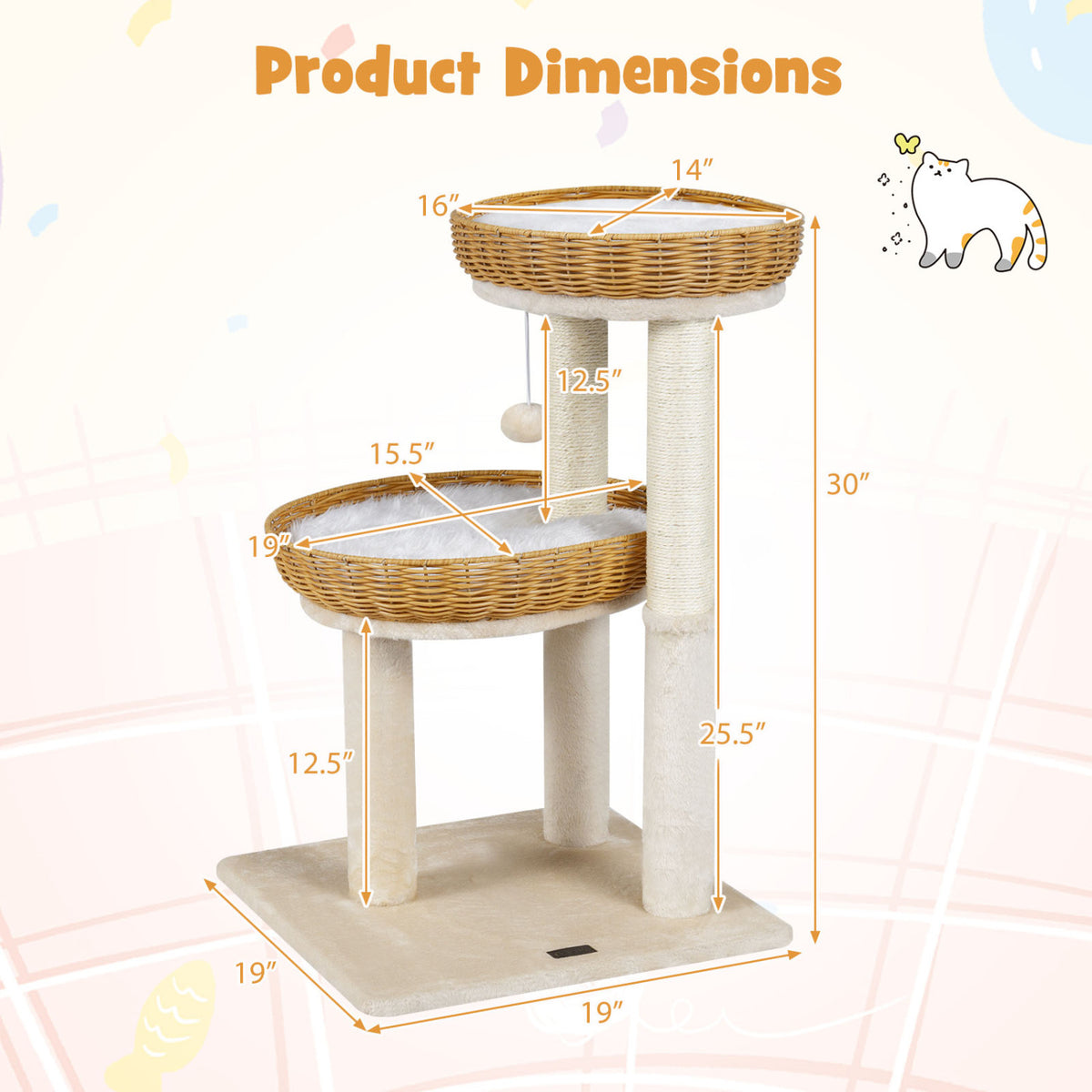 30-Inch Cat Tower with Rattan Baskets for Indoor Cats - Beige Variation