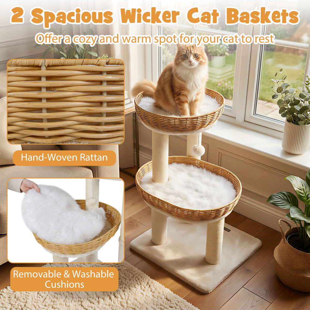 30-Inch Cat Tower with Rattan Baskets for Indoor Cats - Beige Variation