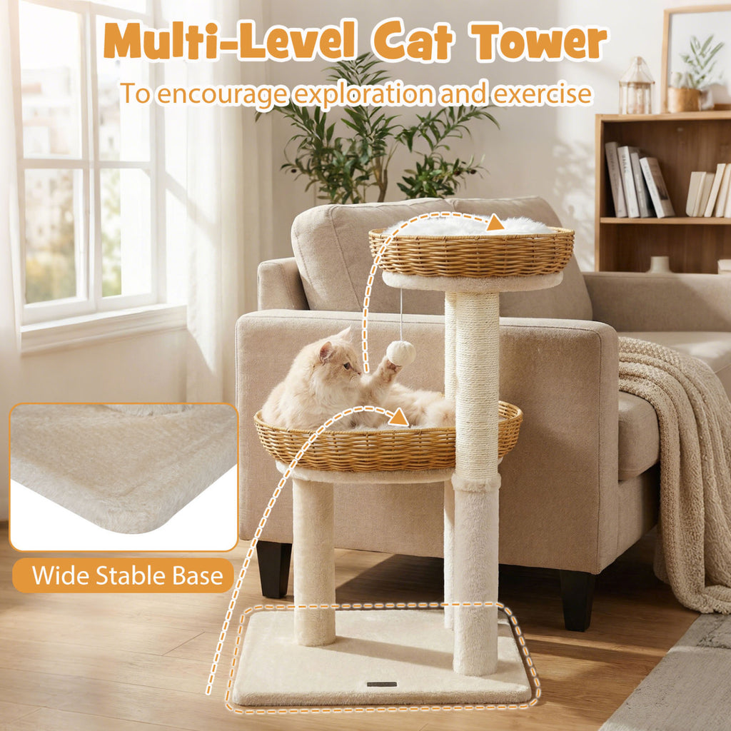30-Inch Cat Tower with Rattan Baskets for Indoor Cats - Beige Variation