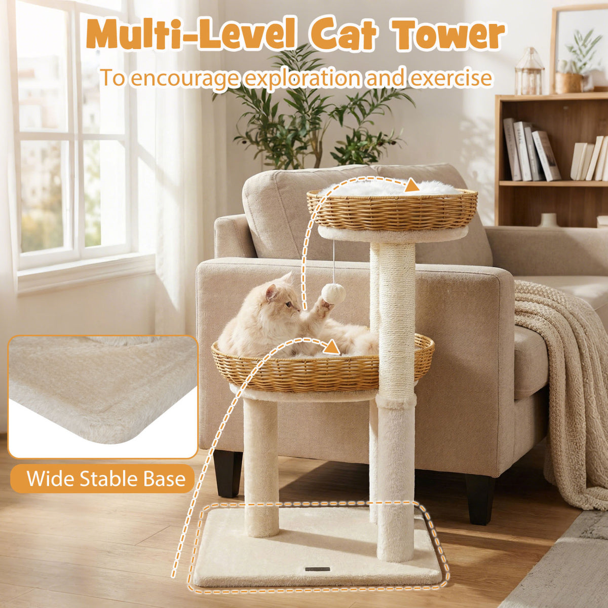 30-Inch Cat Tower with Rattan Baskets for Indoor Cats - Beige Variation