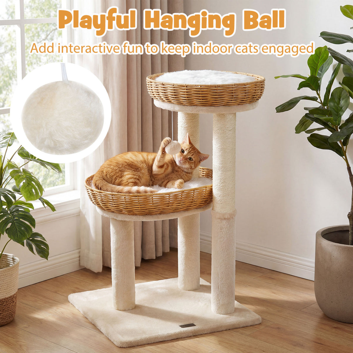 30-Inch Cat Tower with Rattan Baskets for Indoor Cats - Beige Variation