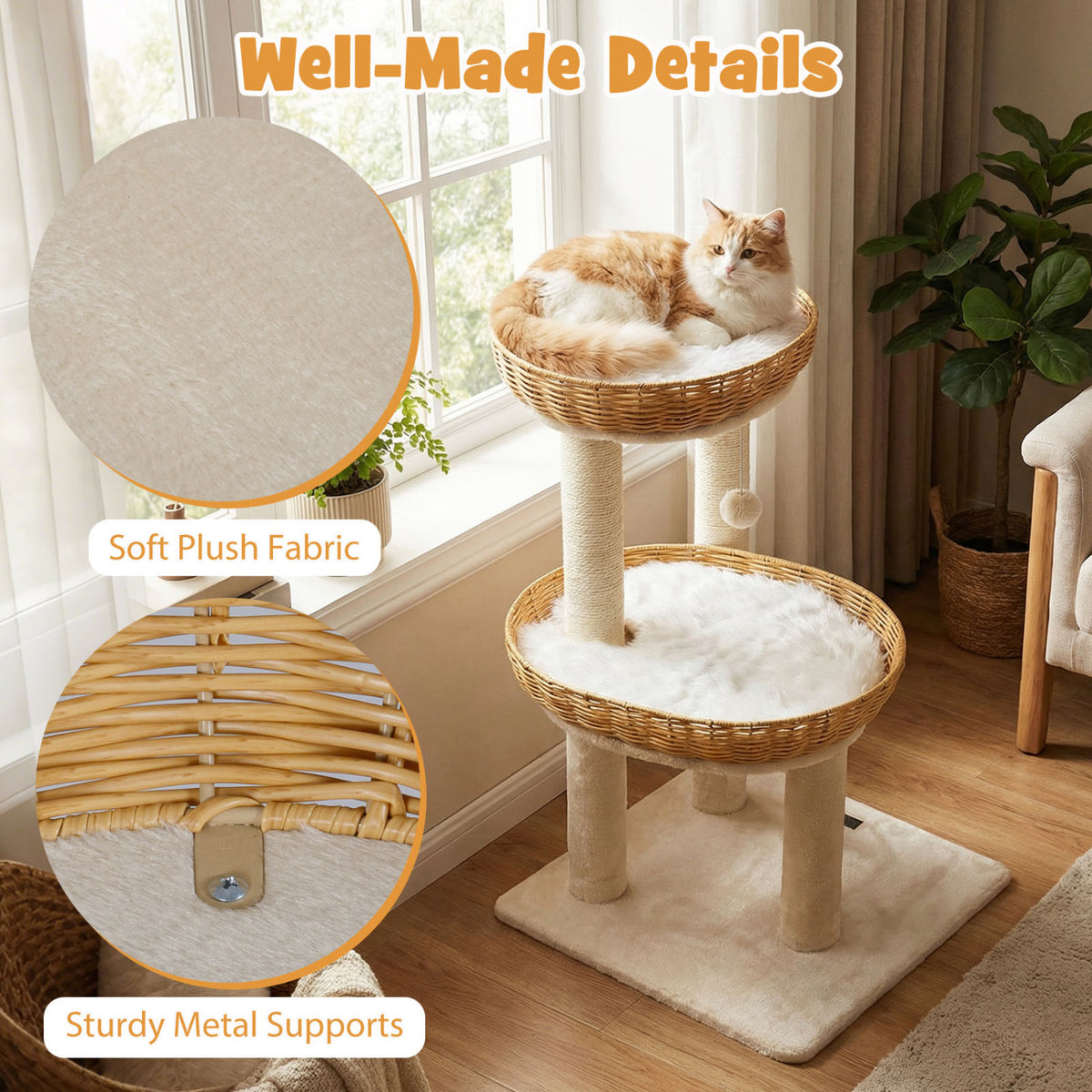 30-Inch Cat Tower with Rattan Baskets for Indoor Cats - Beige Variation