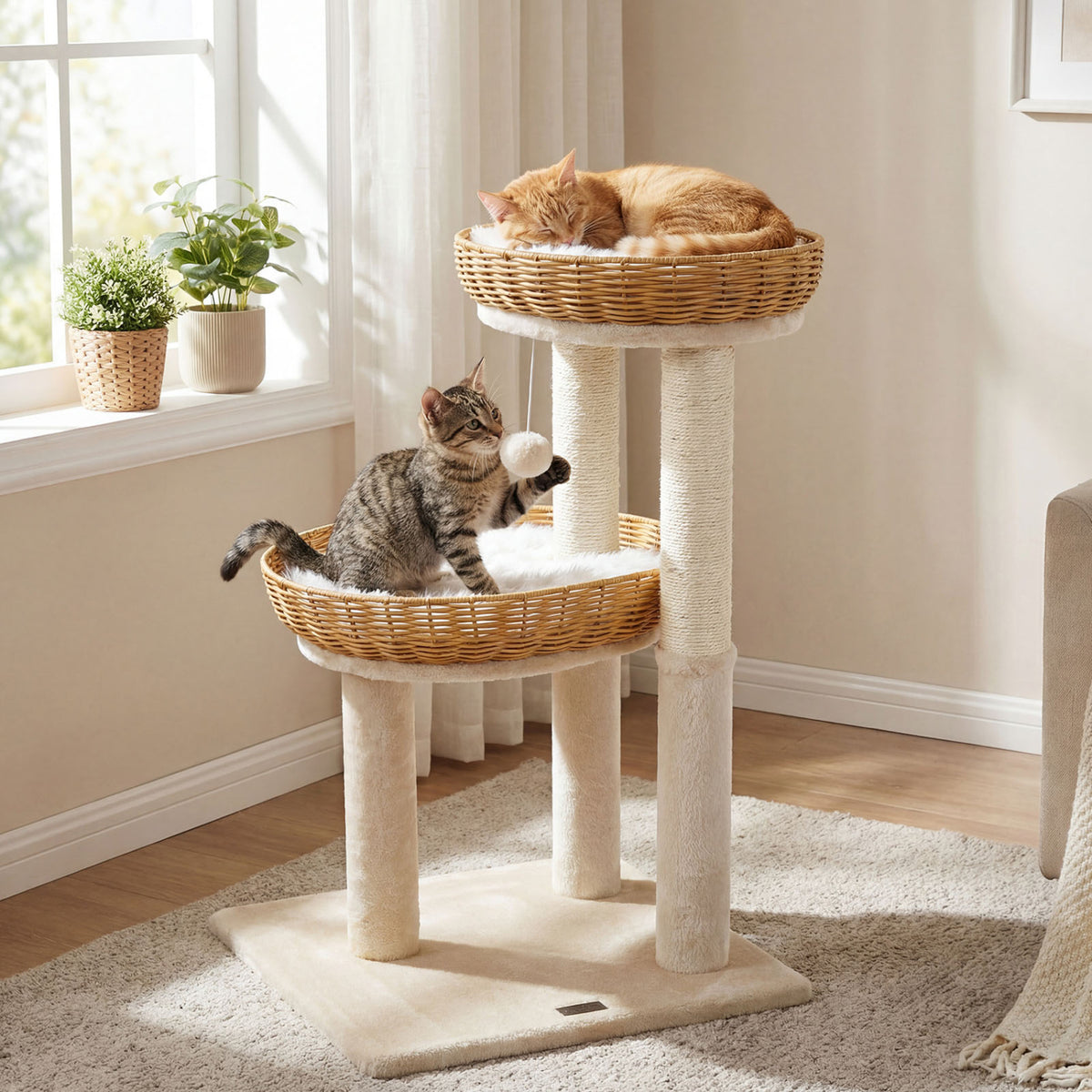 30-Inch Cat Tower with Rattan Baskets for Indoor Cats - Beige Variation