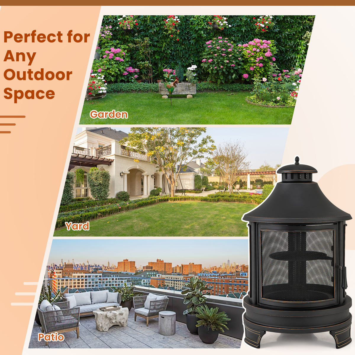 30 Inch Outdoor Fire Pit Chiminea with Grill for Garden BBQ