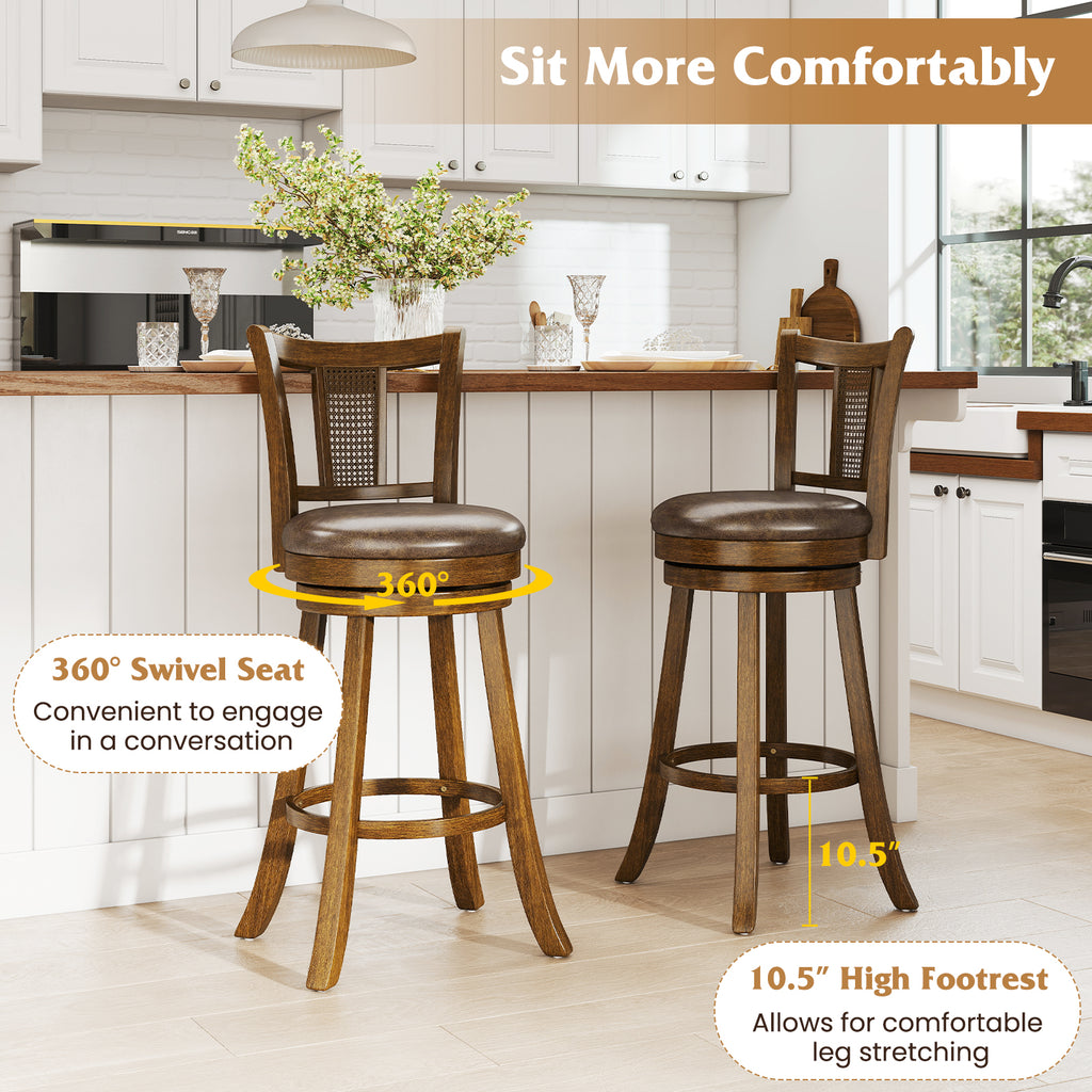 Bar Stools Set of 2 with PE Rattan Backrest - Brown