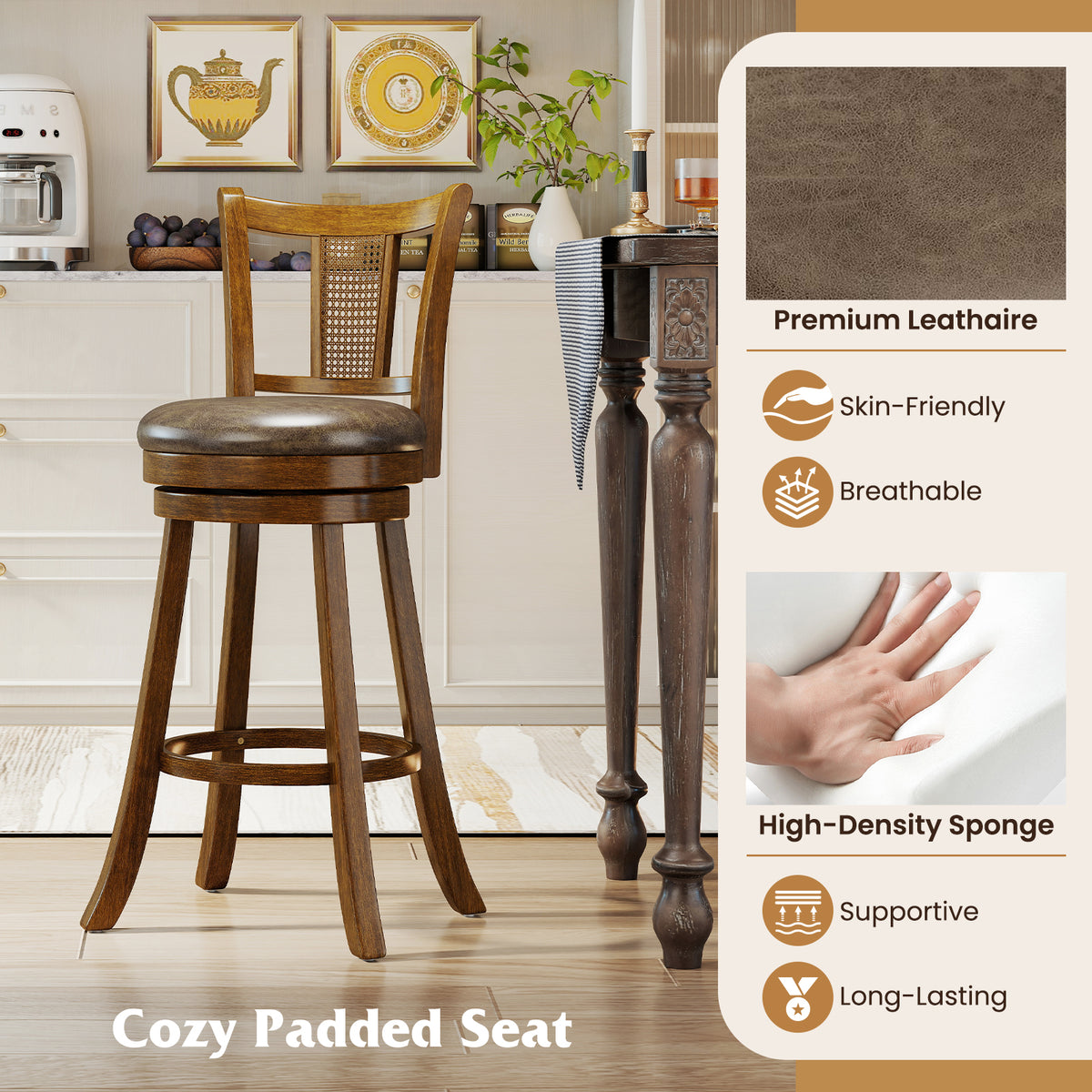Bar Stools Set of 2 with PE Rattan Backrest - Brown