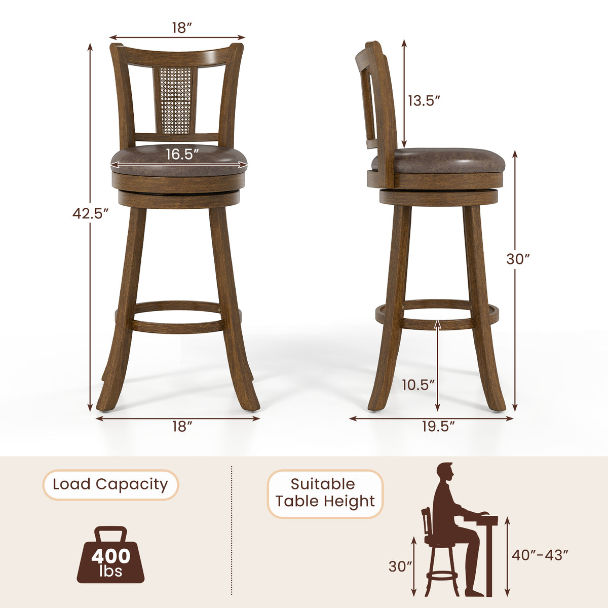 Bar Stools Set of 2 with PE Rattan Backrest - Brown
