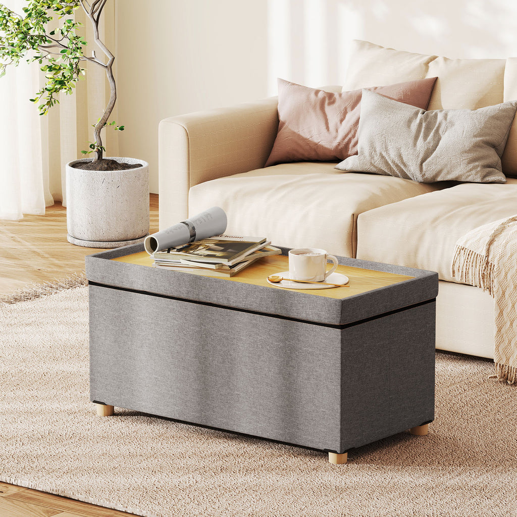 30-Inch Storage Ottoman Bench with Tray - Gray
