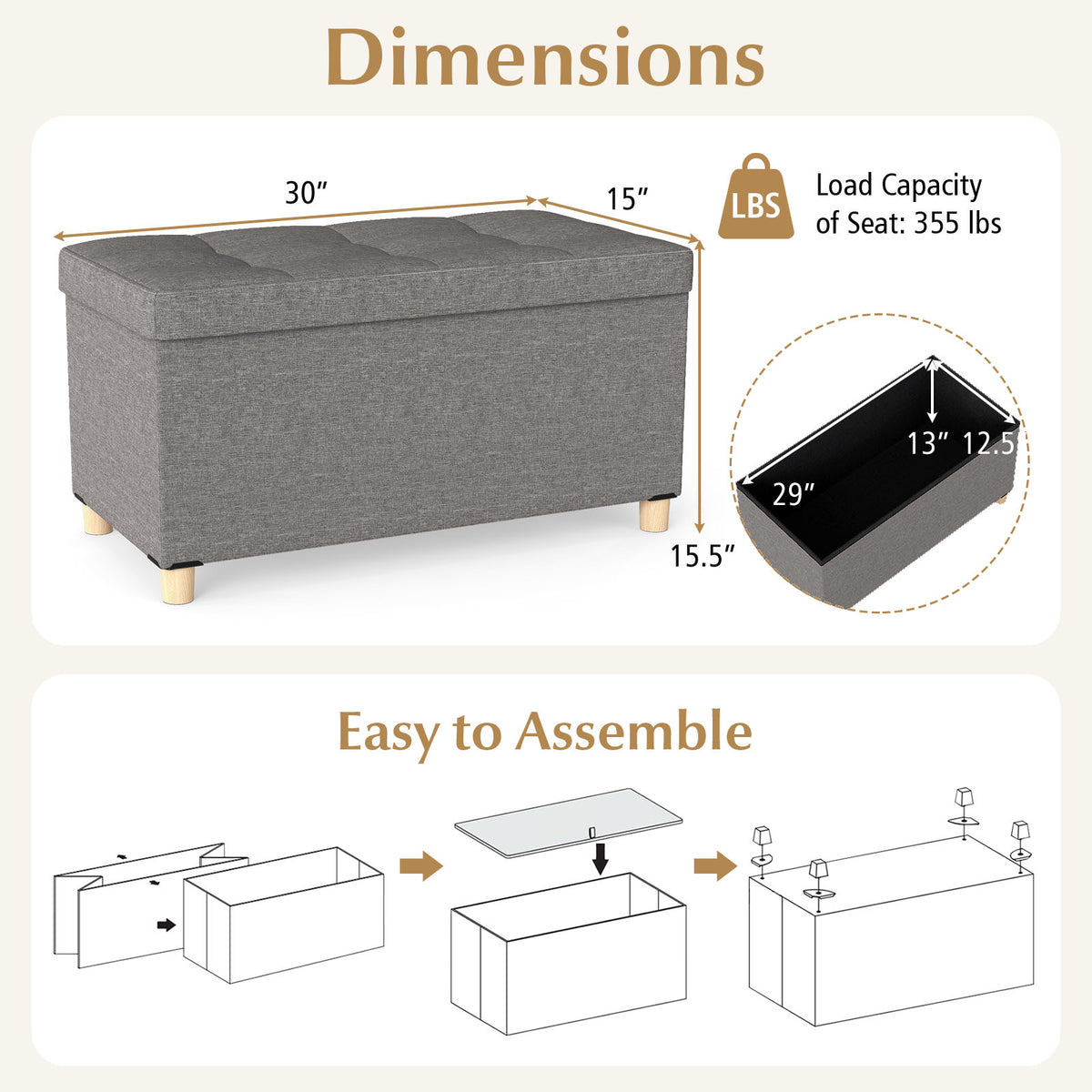 30-Inch Storage Ottoman Bench with Tray - Gray