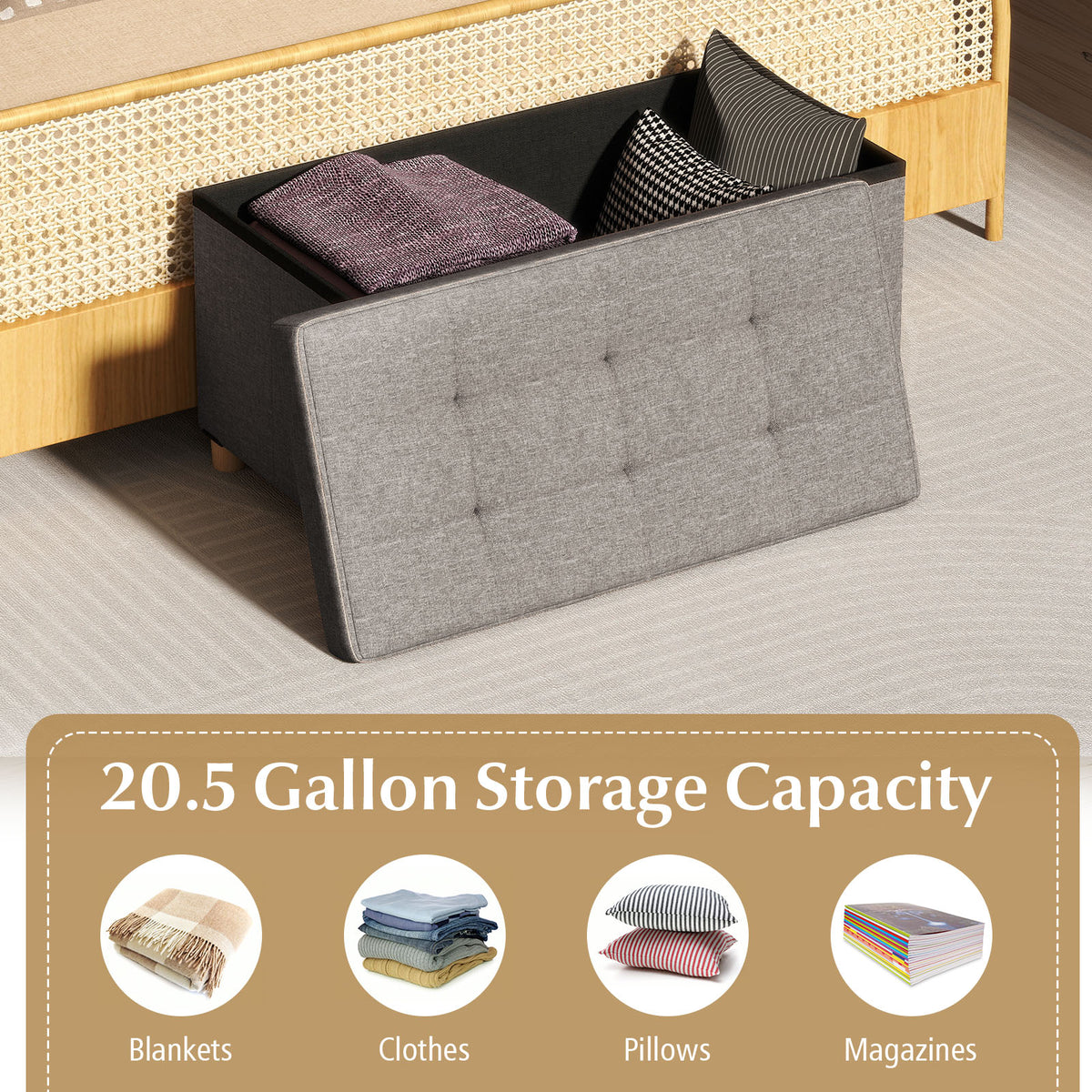 30-Inch Storage Ottoman Bench with Tray - Gray