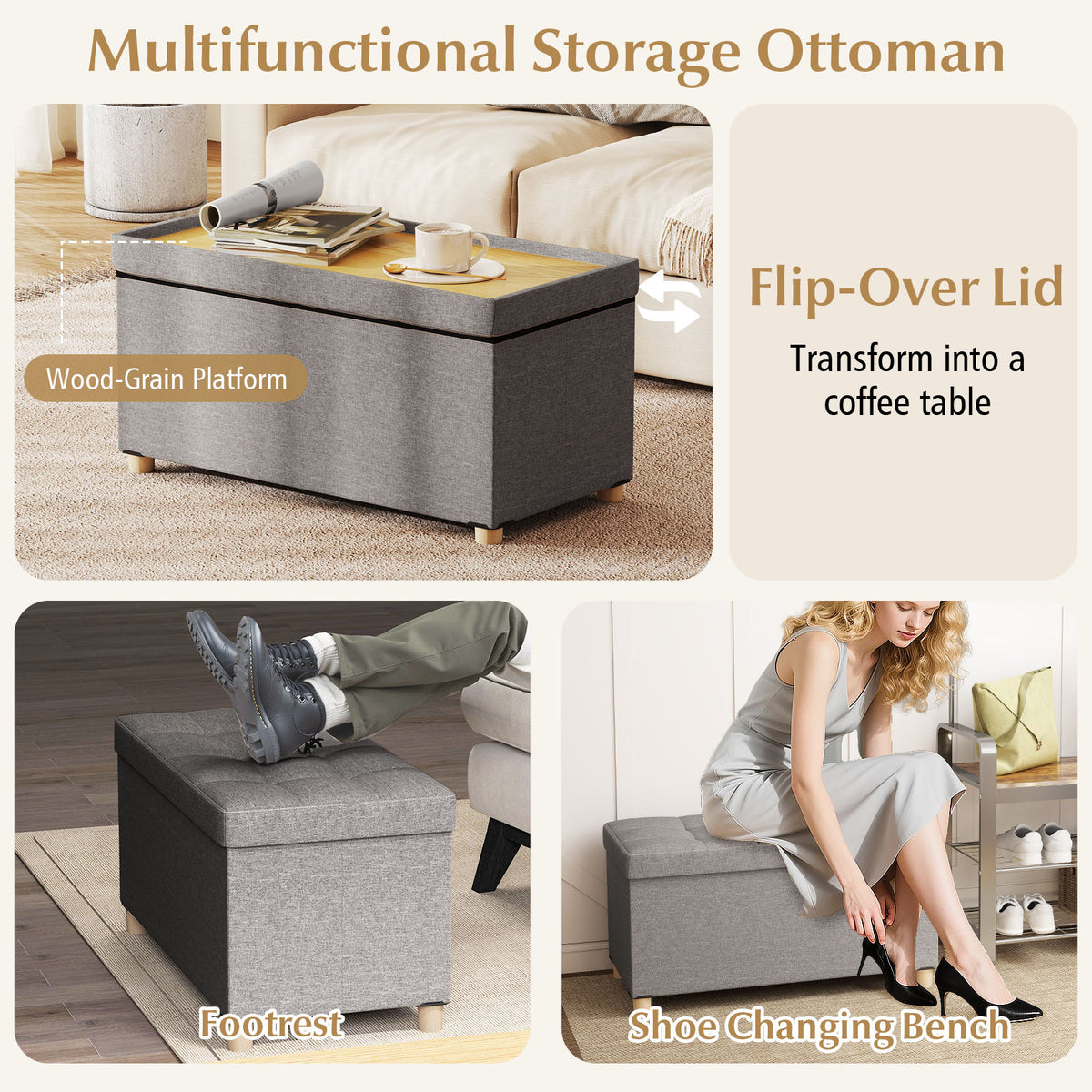 30-Inch Storage Ottoman Bench with Tray - Gray