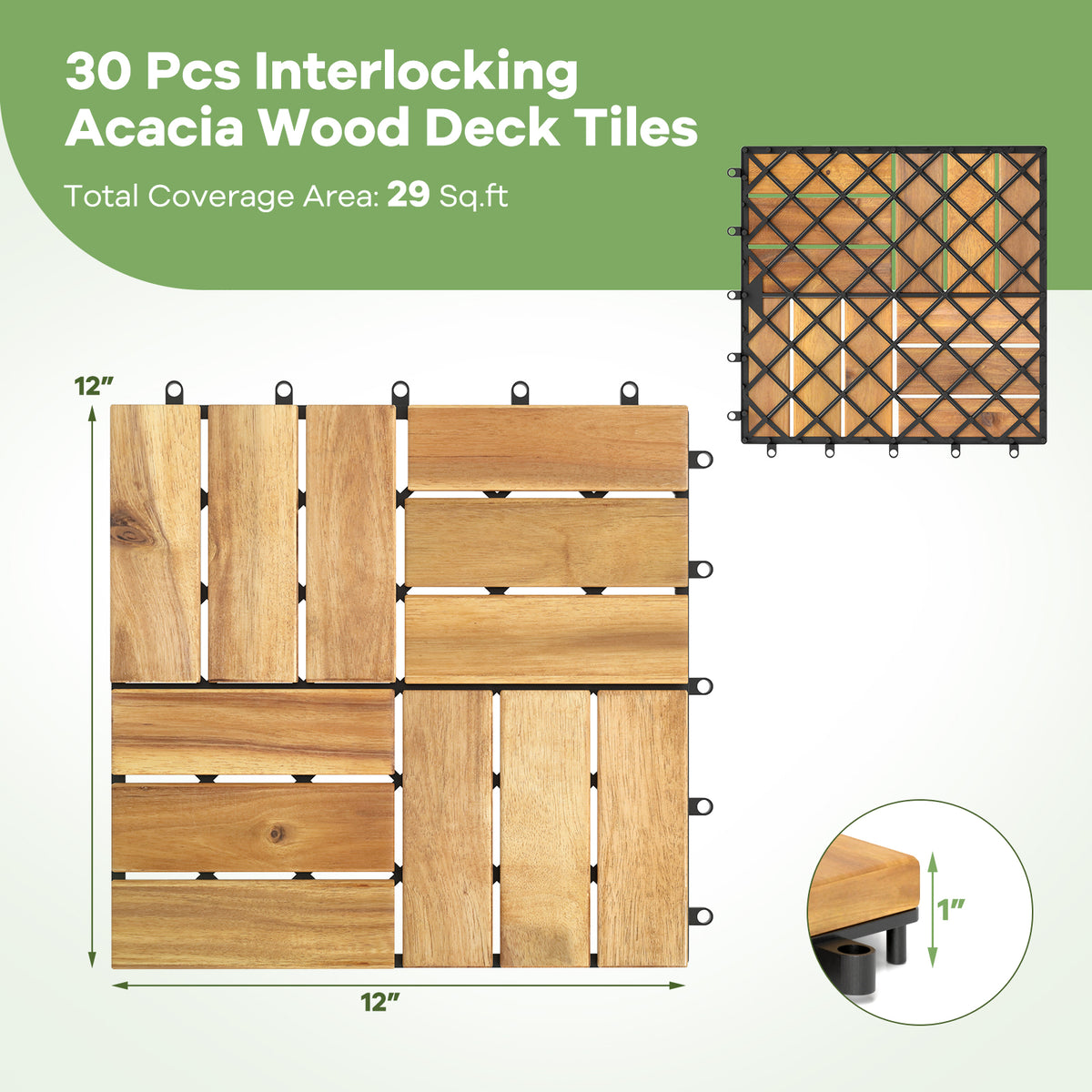 30 Acacia Wood Interlocking Deck Tiles - Brown, Anti-Slip, DIY Friendly Variation of THIS listing