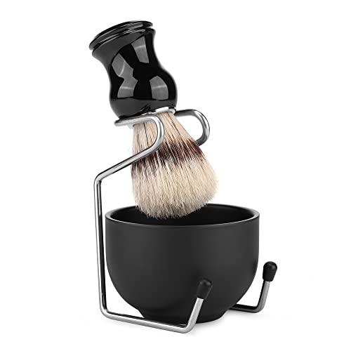 CCbeauty Mens Shaving Brush and Bowl Set, 4-in-1 Bristle Shave Brushes Kit with Stainless Steel Shaving Bowl & Soap Mug, Safety Razor Stand, Birthday Dad Gifts Set for Men, Black Soap 3.5Oz