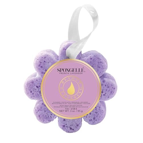 Spongelle French Lavender Wild Flower Buffer Body Scrubber | Bath & Shower Loofah for Women | Exfoliator with Body Wash Infused Sponge | 14+ uses