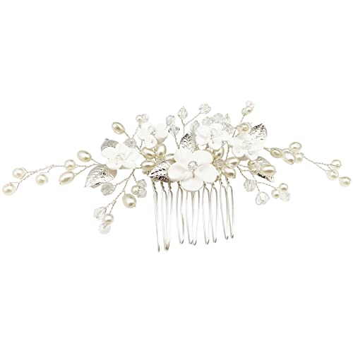 Flower Bridal Hair Vine Pieces with Comb Pearl Floral Rhinestone Leaf White Wedding Hair Pin Accessories for Women and Girls (White Flower Silver Leaf)