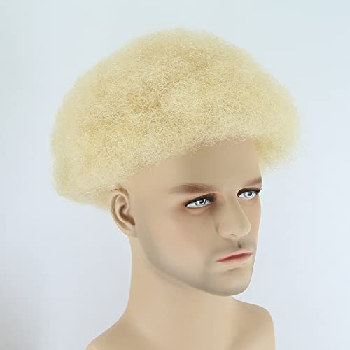 ZigZag Hair Blonde #613 Mix Brown Mens Toupee Fluffy Afro Curly Short Hair Full Lace Men's Wig 8x10inch Brazilian Human Hair Tight Afro Curly Men's Hair Systems Hairpiece (#613 Color, Full Lace)