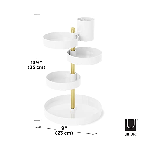Umbra Pirouette Cosmetic Organizer, Large Capacity Makeup Storage with Adjustable Compartments, White/Brass