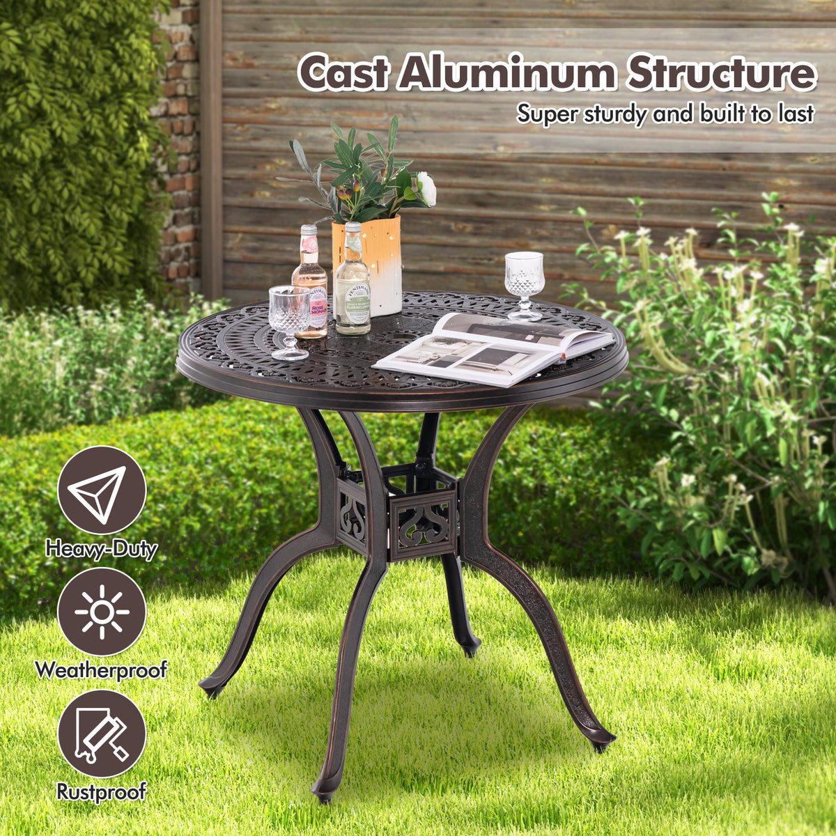 31.5 Inch Cast Aluminum Table Patio Round Dining with Umbrella Hole