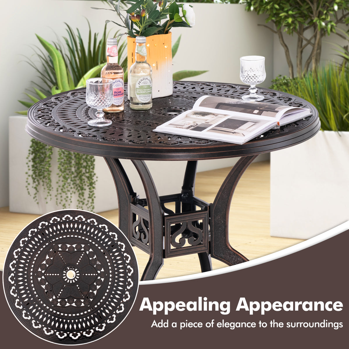 31.5 Inch Cast Aluminum Table Patio Round Dining with Umbrella Hole