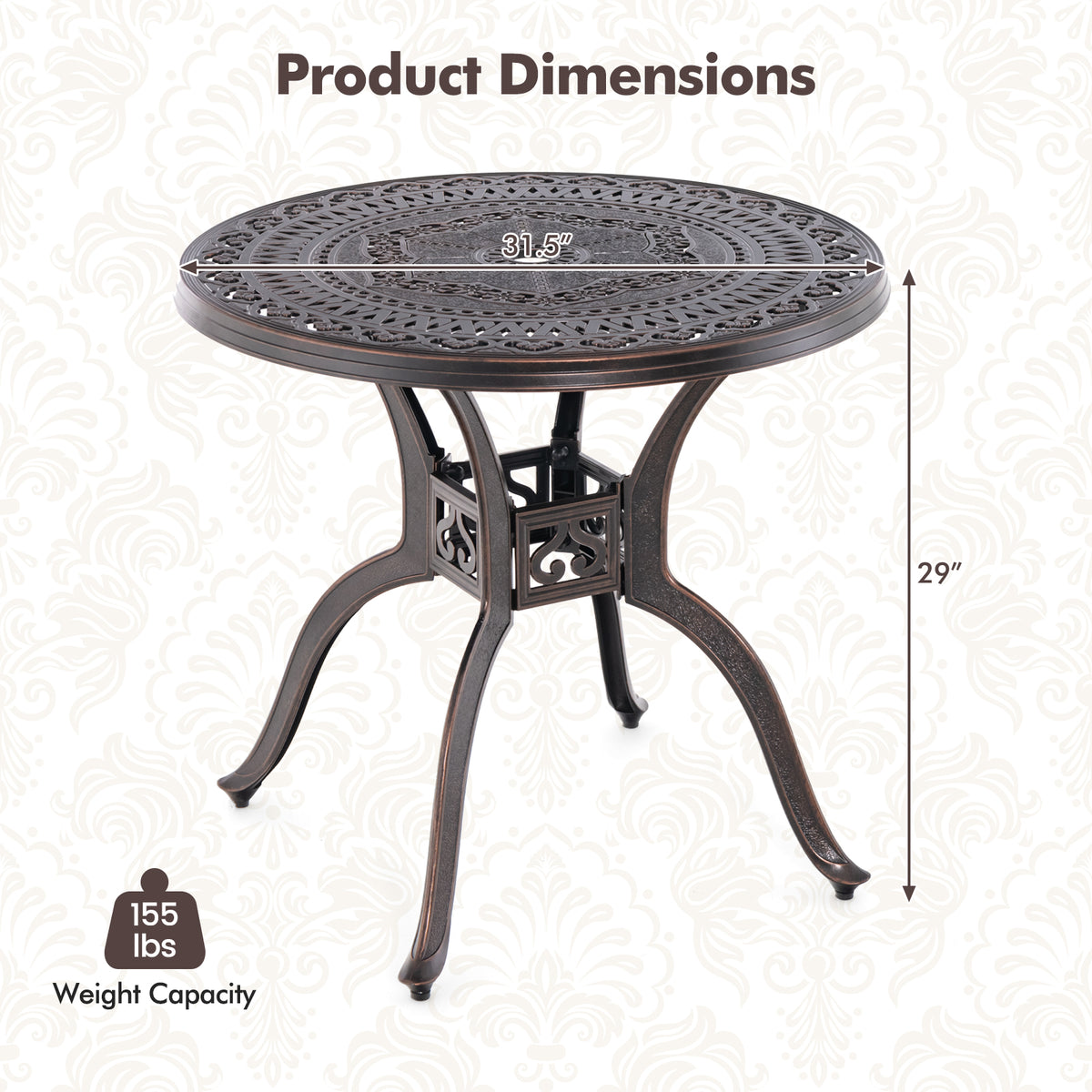 31.5 Inch Cast Aluminum Table Patio Round Dining with Umbrella Hole