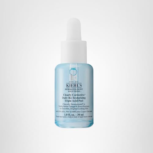 Kiehl's Clearly Corrective Daily Re-Texturizing Triple Acid Peel Serum, Gentle Exfoliating Facial Peel, Smoothes Texture, Primes Skin, with Salicylic Acid, Glycolic Acid, Lactic Acid - 1 fl oz
