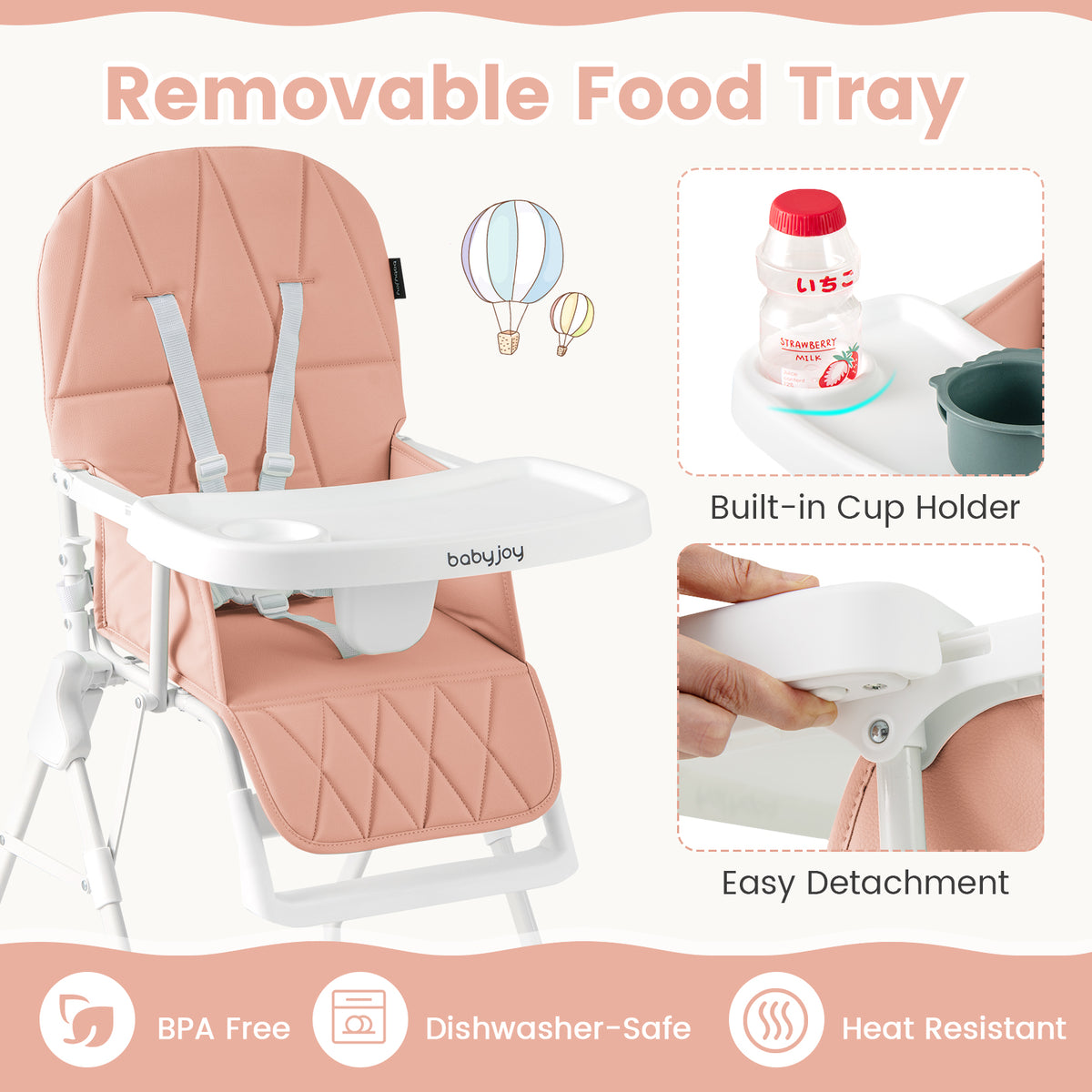 Pink Compact Highchair with Removable Tray & Safety Harness - Easy Clean & Space Saving