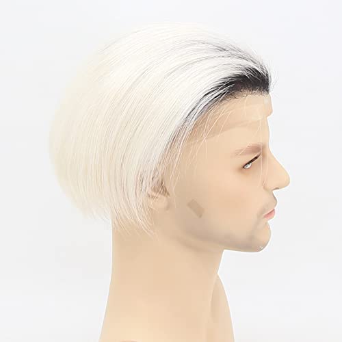 ZigZag Hair Mens Toupee Black Roots Ombre Platinum Blonde 8x10inch Human Hair #60 Color Lace Front Toupee for Men Soft Thin Skin Mens Hair pieces Hair Replacement System Mono with PU around Base (8x10, Ombre #60)